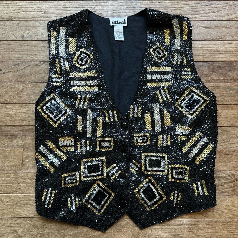 Effeci Vest Vintage Black Gold Sequin M Geometric Button Front Evening‎ Party